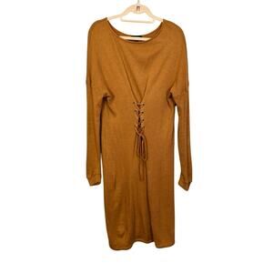 La Charme U Grommet Round Neck Long Sleeve Lace Up Midi Dress‎ Camel Brown Large